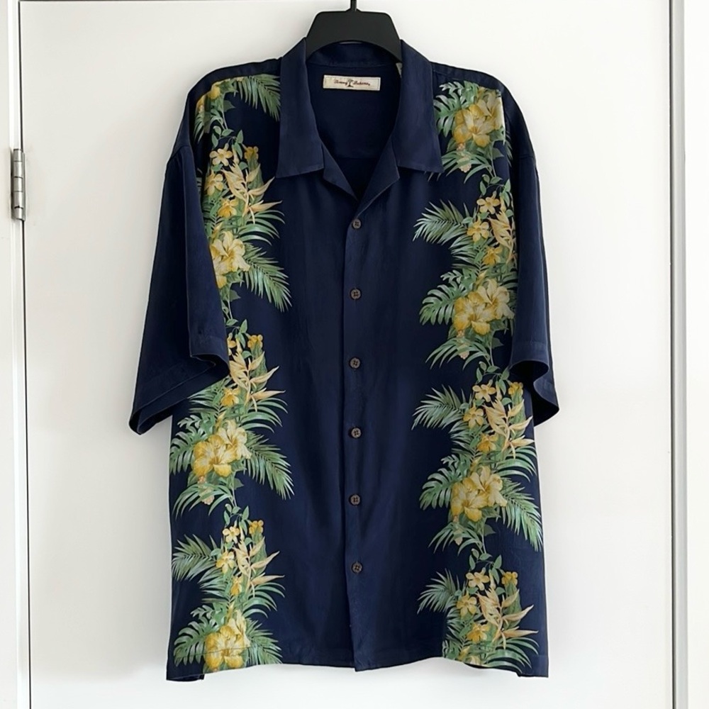Tommy Bahama Silk Tropical Navy Shirt with Yellow Floral Design